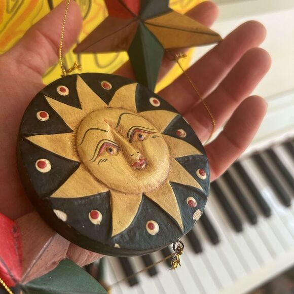 Hand Carved Wooden Star and Moon Ornament Mobile Vintage 90s Indonesia 28.5" - Picture 14 of 16